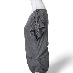 AUW Gray Ruched Waist Lace up Gourmet Shoulder Jersey T-Shirt Top (S)